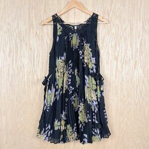 Free People Floral Pleated Dress Black Lace Trim